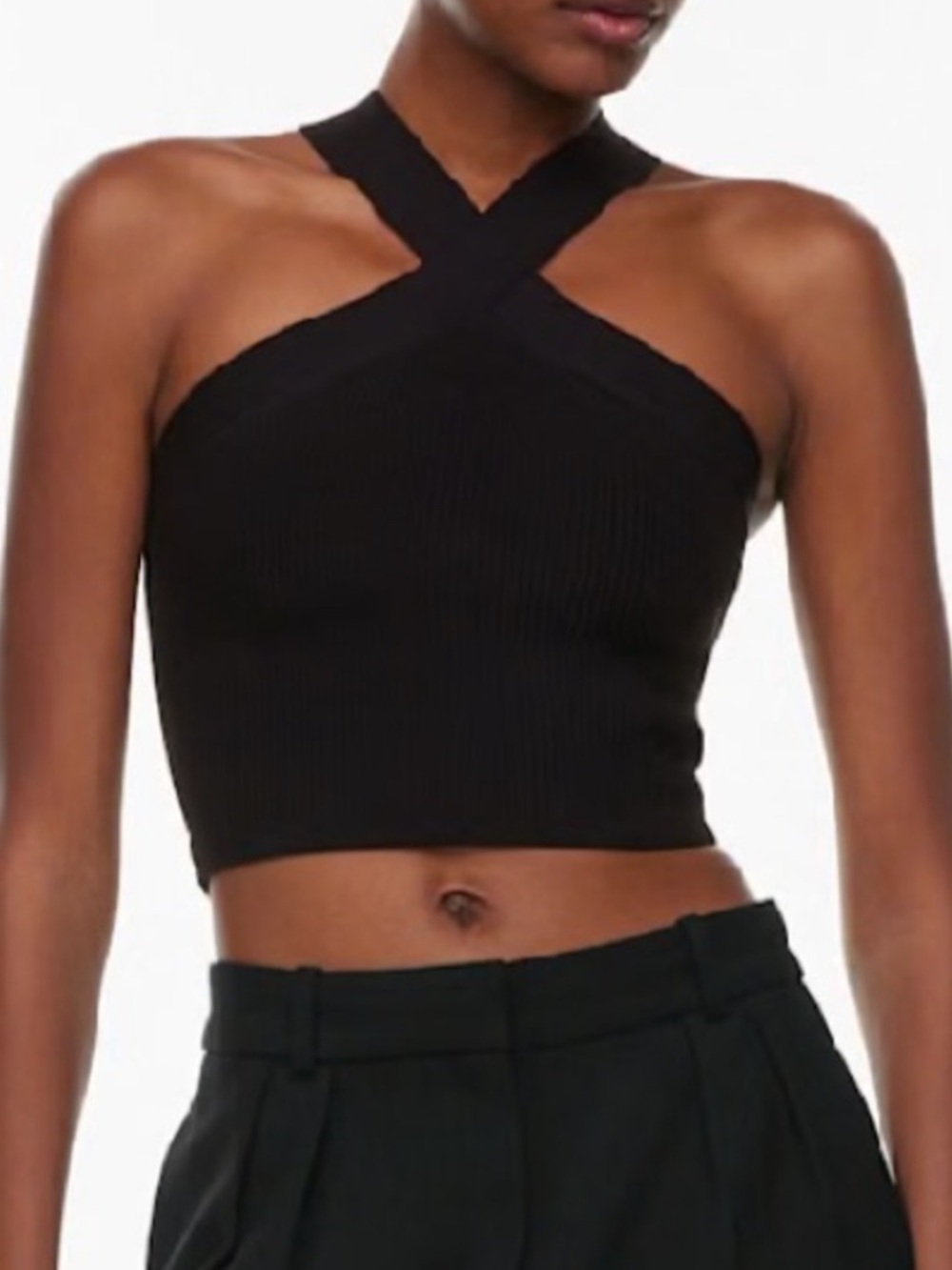 Babaton Ribbed Sculpt Knit Criss Cross Crop Tank Top in Black